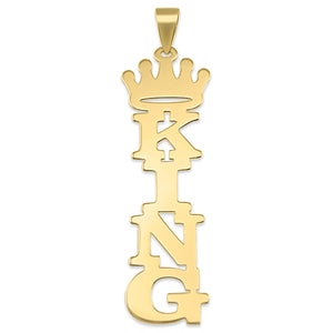 Solid 14k gold personalized vertical crown nameplate pendant featuring the custom name "KING" topped with a royal crown.