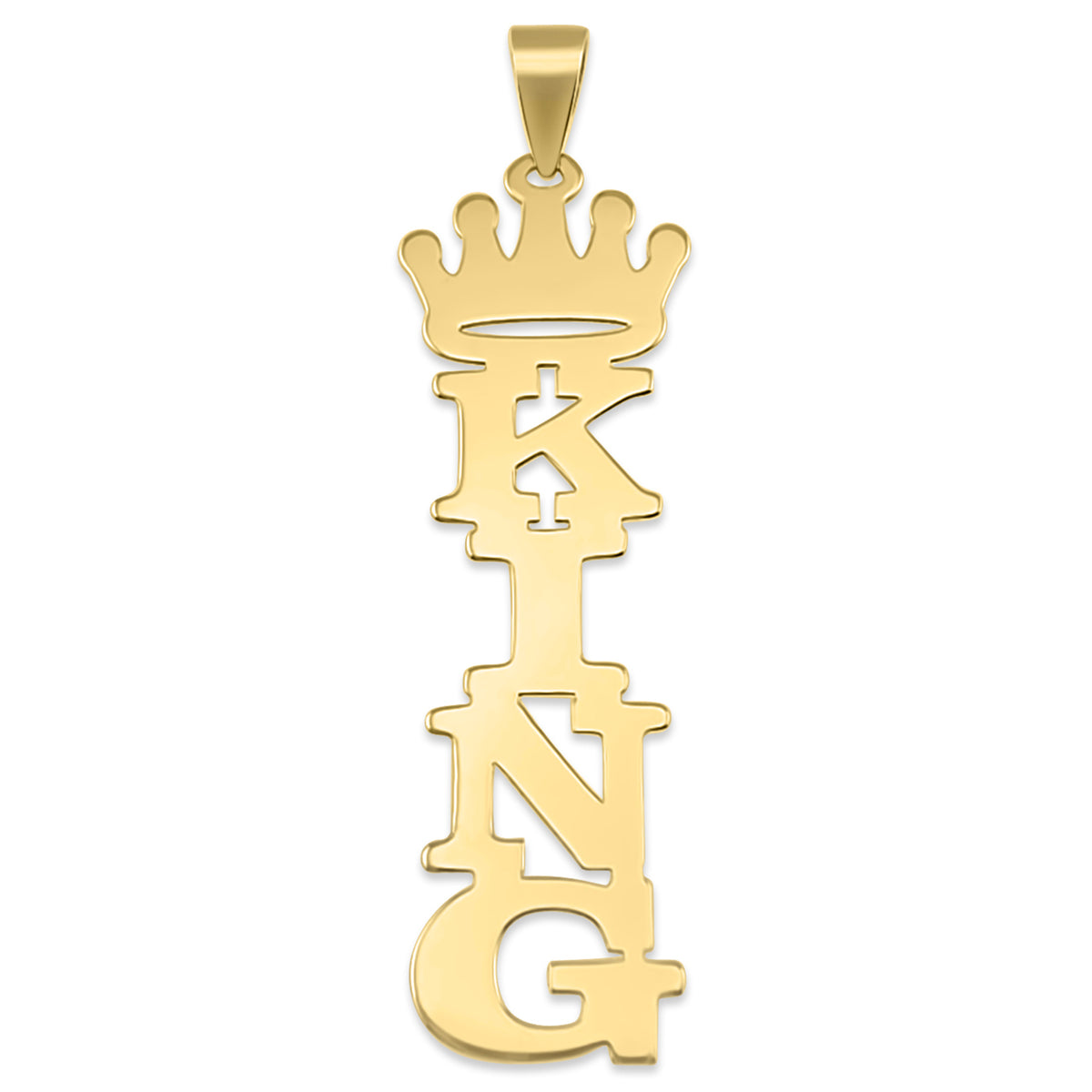 Solid 14k gold personalized vertical crown nameplate pendant featuring the custom name "KING" topped with a royal crown.