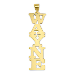 10k or 14k yellow gold custom vertical block nameplate pendant spelling WAYNE on a white background.