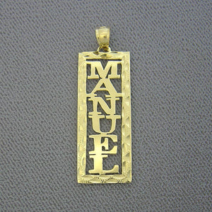 Custom 10k or 14k solid gold vertical rectangular name pendant featuring block letters spelling Manuel framed by diamond-cut edges.
