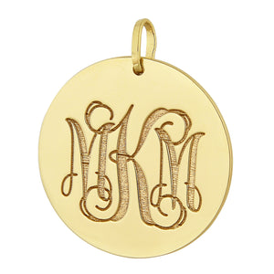 10K or 14K solid yellow gold 1-inch laser engraved 3-initial monogram disc pendant necklace