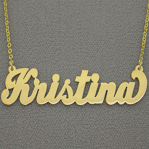 Handcrafted 14k gold custom cursive nameplate pendant made in Los Angeles