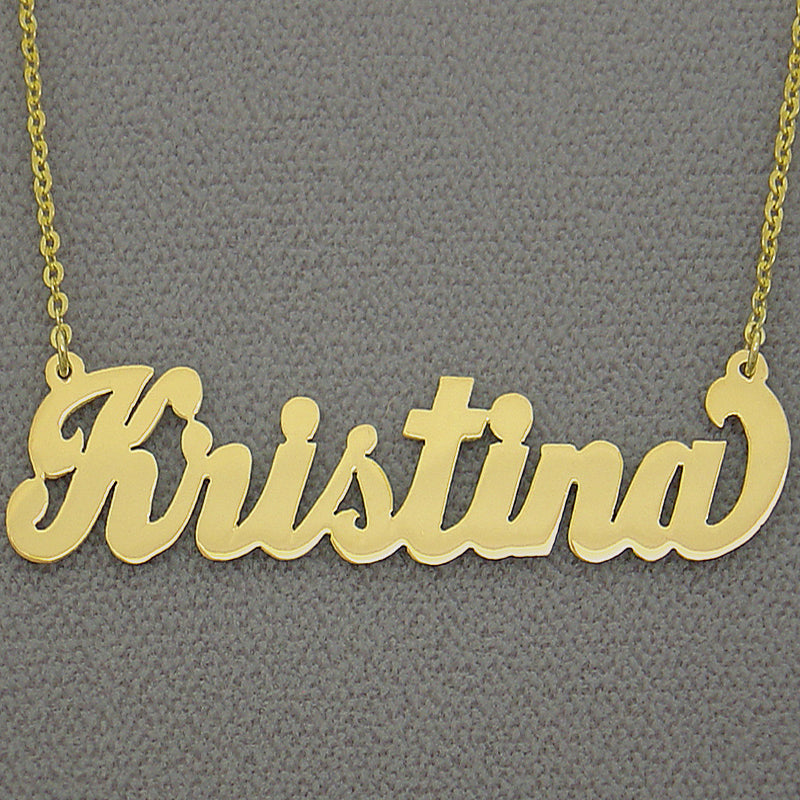 Handcrafted 14k gold custom cursive nameplate pendant made in Los Angeles
