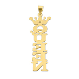 Back of a vertical QUEEN crown name pendant in yellow gold, showing the 14K USA hallmark.