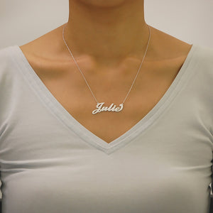 14k solid white gold personalized script name necklace pendant on model