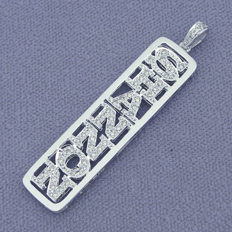 Side angled view of custom vertical diamond block letter name pendant in real gold