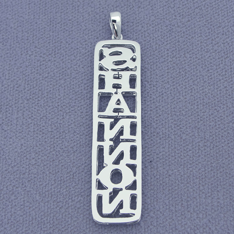 Custom vertical diamond name pendant backside view