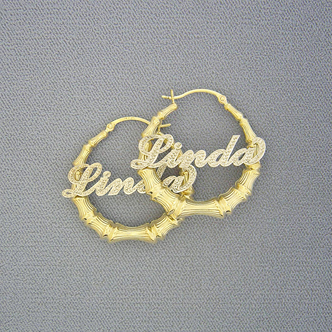 Personalized 10k and 14k two-tone iced out gold bamboo nameplate hoop earrings - 1.3 inch