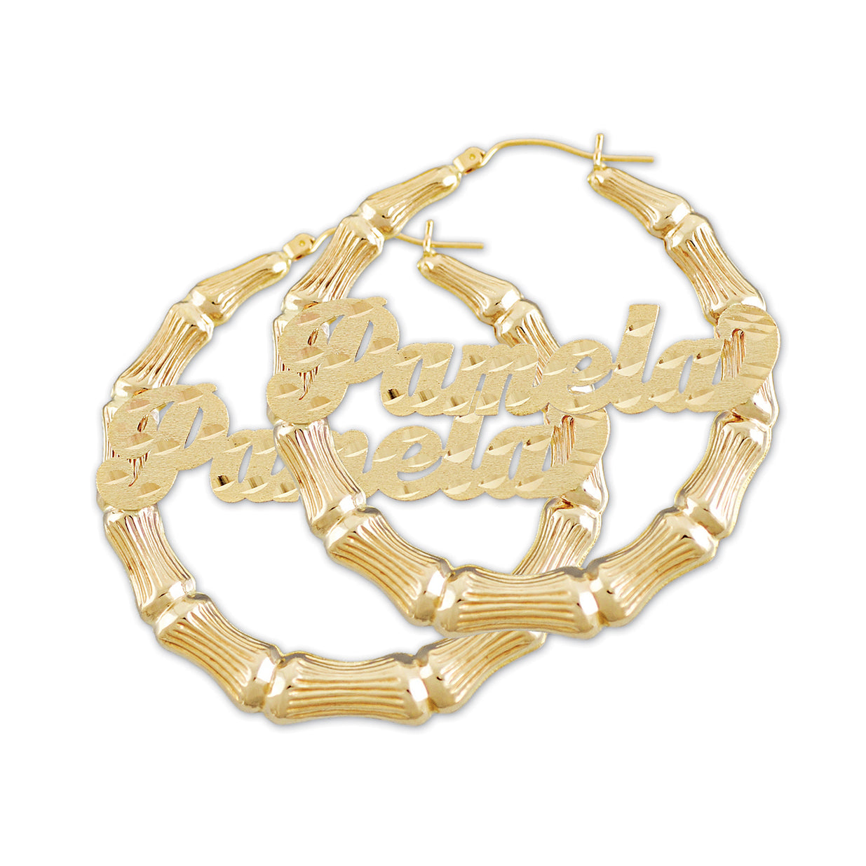Solid 10K yellow gold custom name bamboo hoop earrings 2 inch pair