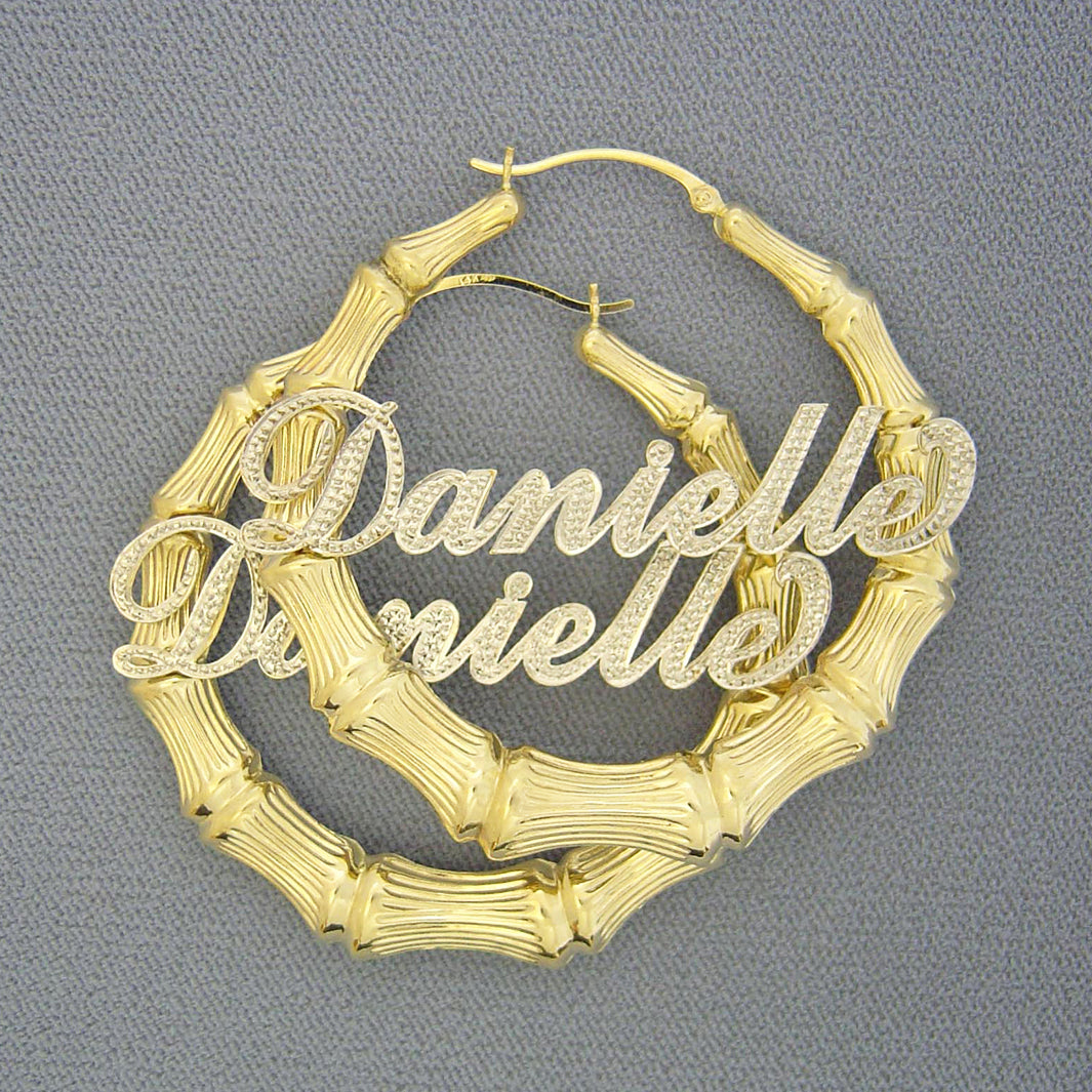 10k 14k gold personalized iced out 2-tone bamboo nameplate hoop earrings