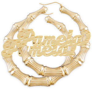 Pair of 2.9-inch 10K/14K gold personalized diamond-cut bamboo hoop nameplate earrings