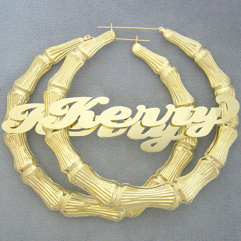 Personalized 10K real gold extra large bamboo name hoop earrings featuring custom script lettering