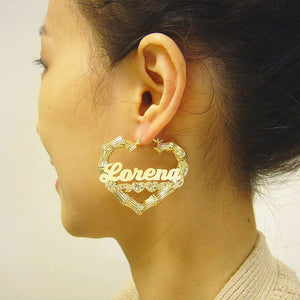 Real Gold 2 inches heart-shaped earrings with 'Lorena' on Model