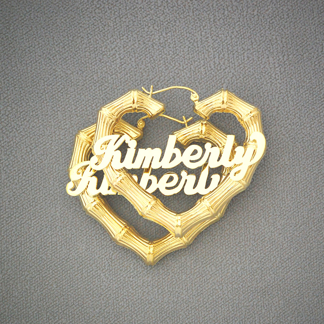Custom 10k 14k gold personalized heart bamboo hoop earrings 2 inches wide with cursive name