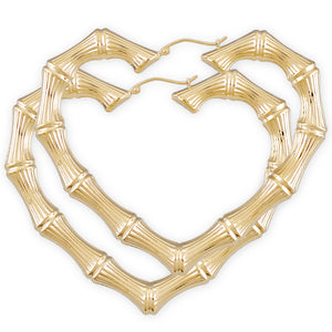 Real 10k and 14k solid gold skinny heart bamboo hoop earrings, 2.9 inches wide