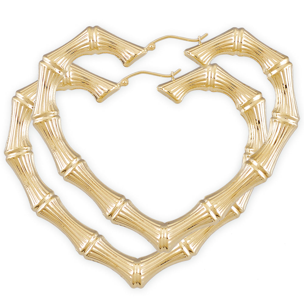 Real 10k and 14k solid gold skinny heart bamboo hoop earrings, 2.9 inches wide