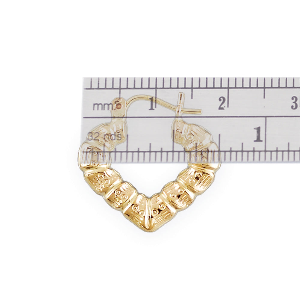 Small size 10K Gold Puffy Heart Bamboo Earrings 0.75 Inch wide Baby Jewelry