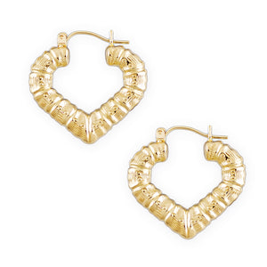 10K Solid Yellow Gold Puffy Heart Door Knocker Bamboo Hoop Earrings 1"
