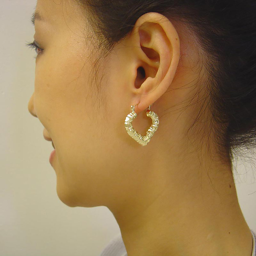 10K Solid Yellow Gold Puffy Heart Door Knocker Bamboo Hoop Earrings 1"