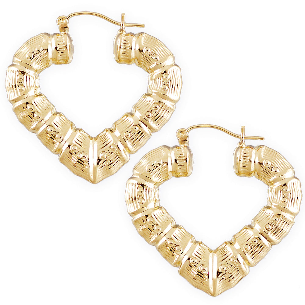 10K real yellow gold puffy heart bamboo door knocker hoop earrings 1.5 inches wide