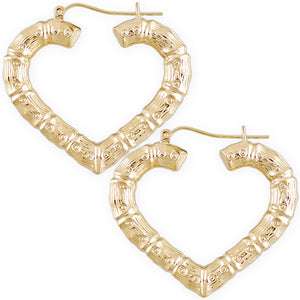 Pair of 10K solid yellow gold skinny heart bamboo hoop earrings, 1.58 inch door knocker style.