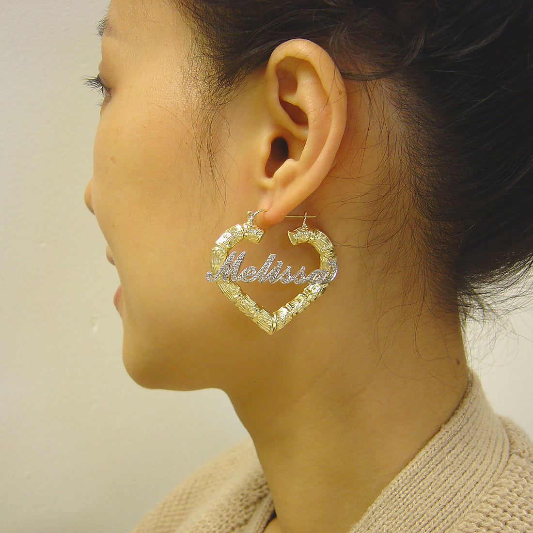 1.6 inch 10k gold personalized iced out heart bamboo hoop earrings on model