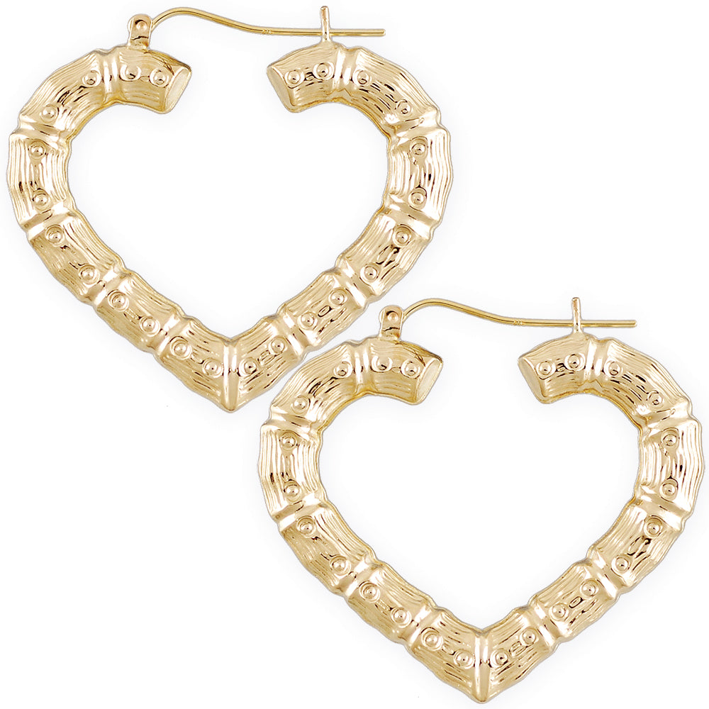 Pair of 10K solid yellow gold skinny heart bamboo hoop earrings, 1.58 inch door knocker style.