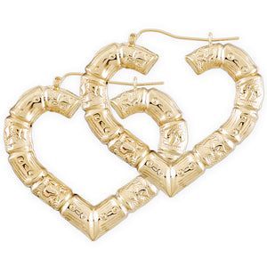 10K yellow gold puffy heart bamboo hoop earrings in 80s retro door knocker style