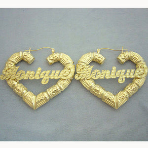 10k yellow gold personalized puffy heart bamboo hoop earrings with diamond-cut custom name