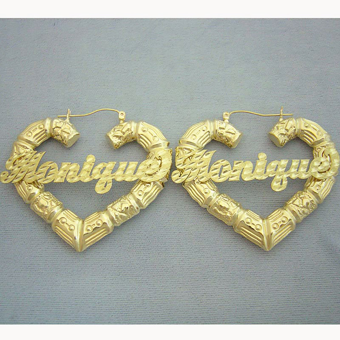 10k yellow gold personalized puffy heart bamboo hoop earrings with diamond-cut custom name