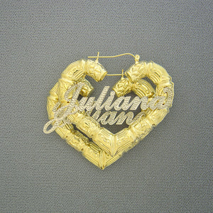 Pair of 10K yellow gold puffy heart bamboo hoop name earrings with rhodium diamond accents