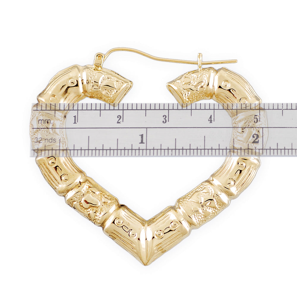10K Yellow Real Gold Puffy Heart Bamboo Hoop Earrings 2.2 Inches Wide.
