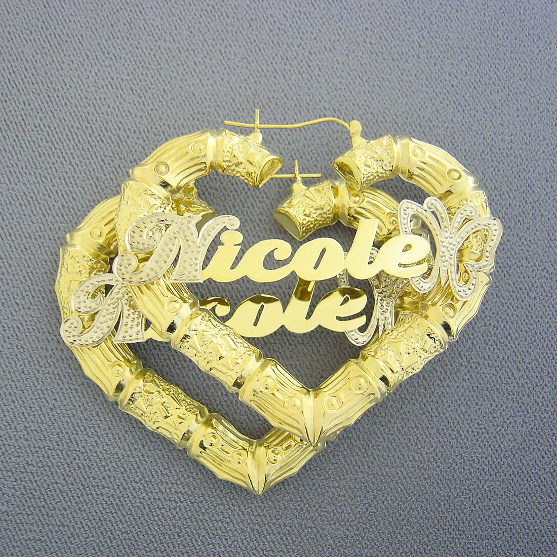 Personalized 10K solid yellow gold 2.5-inch puffy heart bamboo hoop earrings with butterfly accent and custom name