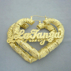 Custom 10K real solid gold puffy heart bamboo name earring featuring diamond-cut script lettering