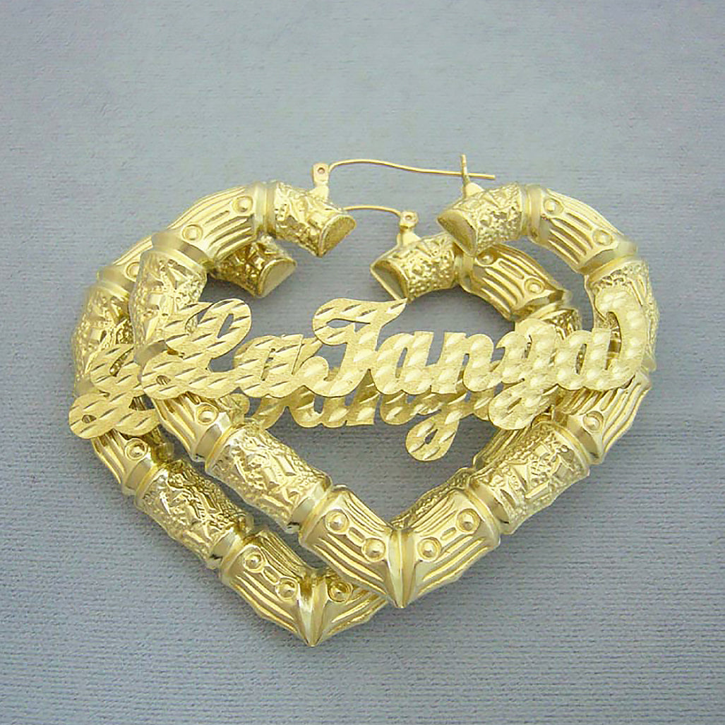 Custom 10K real solid gold puffy heart bamboo name earring featuring diamond-cut script lettering
