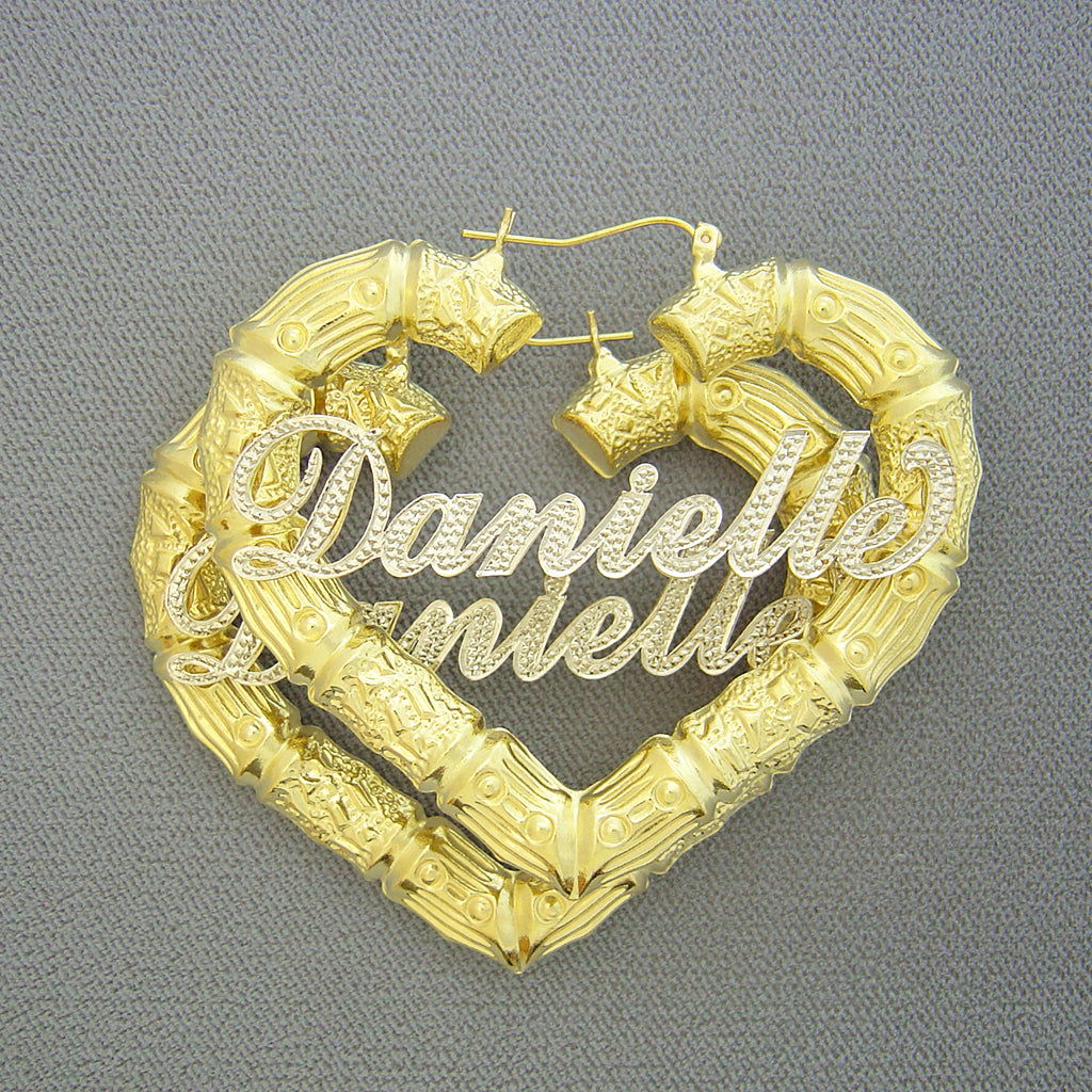 10K gold custom iced out two-tone heart bamboo name hoop earrings 2.5 inch