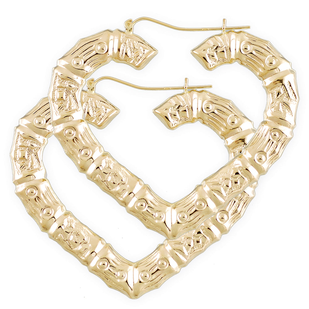 10K yellow gold puffy heart bamboo hoop door knocker earrings 2.5 inch