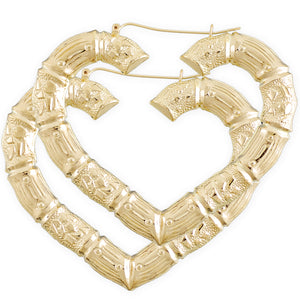 10K yellow gold puffy heart bamboo hoop earrings 3 inch wide