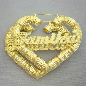 Pair of 10K yellow gold personalized puffy heart bamboo nameplate hoop earrings (3 inch)