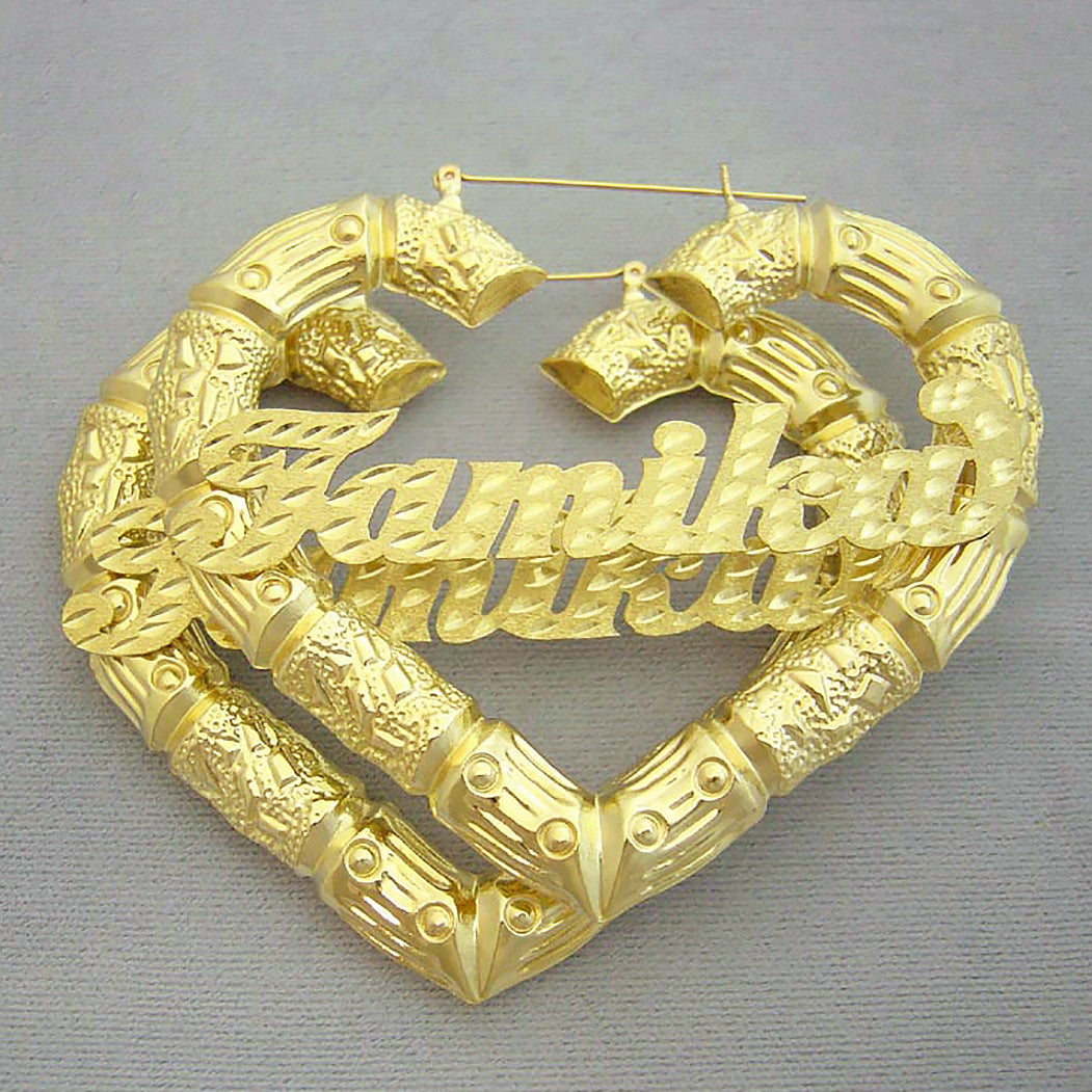 Pair of 10K yellow gold personalized puffy heart bamboo nameplate hoop earrings (3 inch)