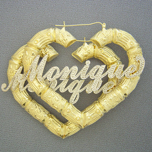 Custom 3 inch 10k yellow gold iced out heart bamboo earrings with rhodium cursive nameplate