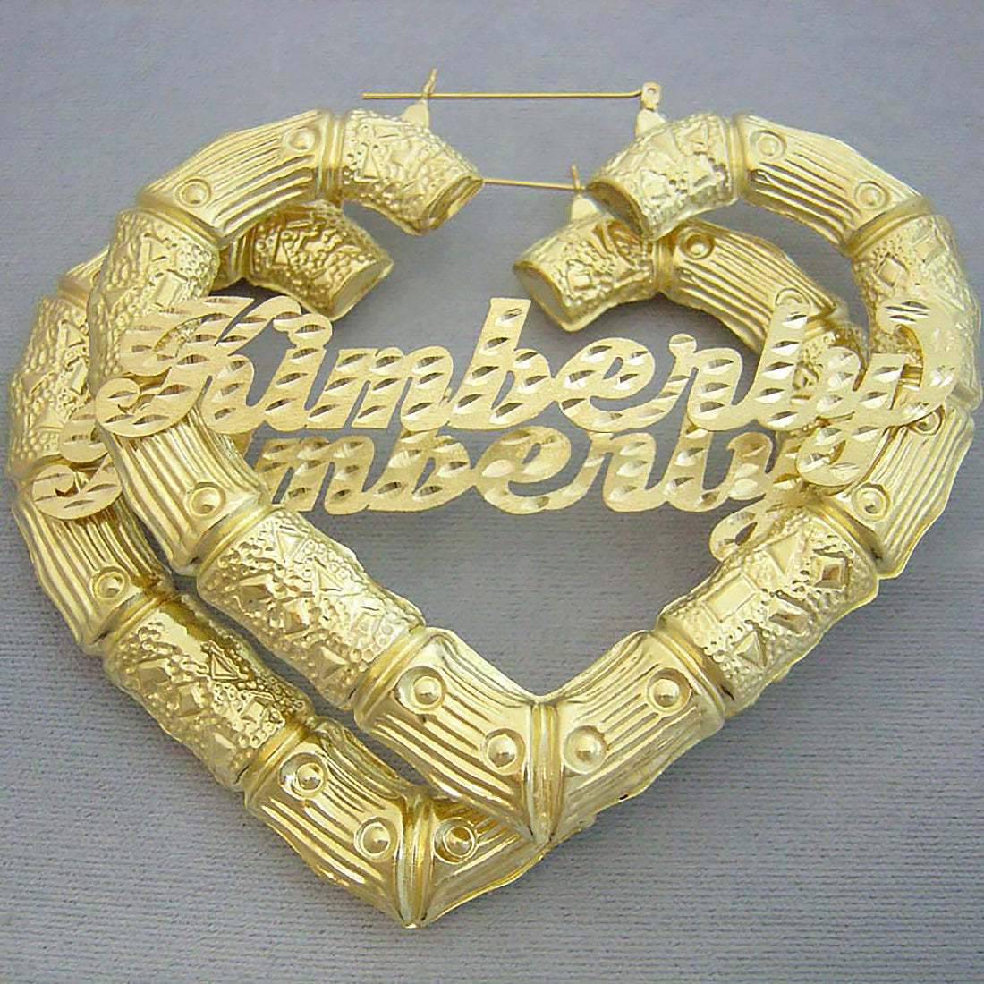 10k gold extra large puffy heart bamboo name earrings 3.5 inch