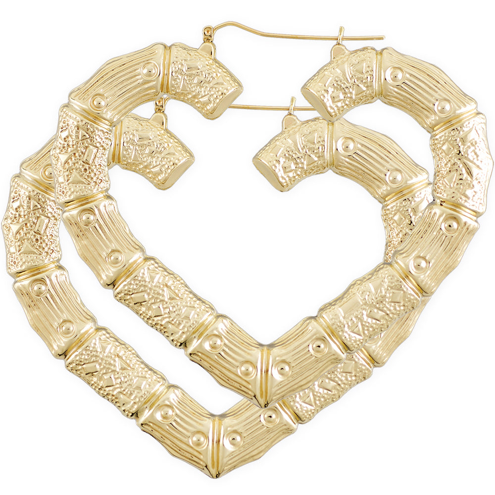 Huge 10K Yellow Real Gold Puffy Heart Bamboo Hoop Earrings 3.5 Inches