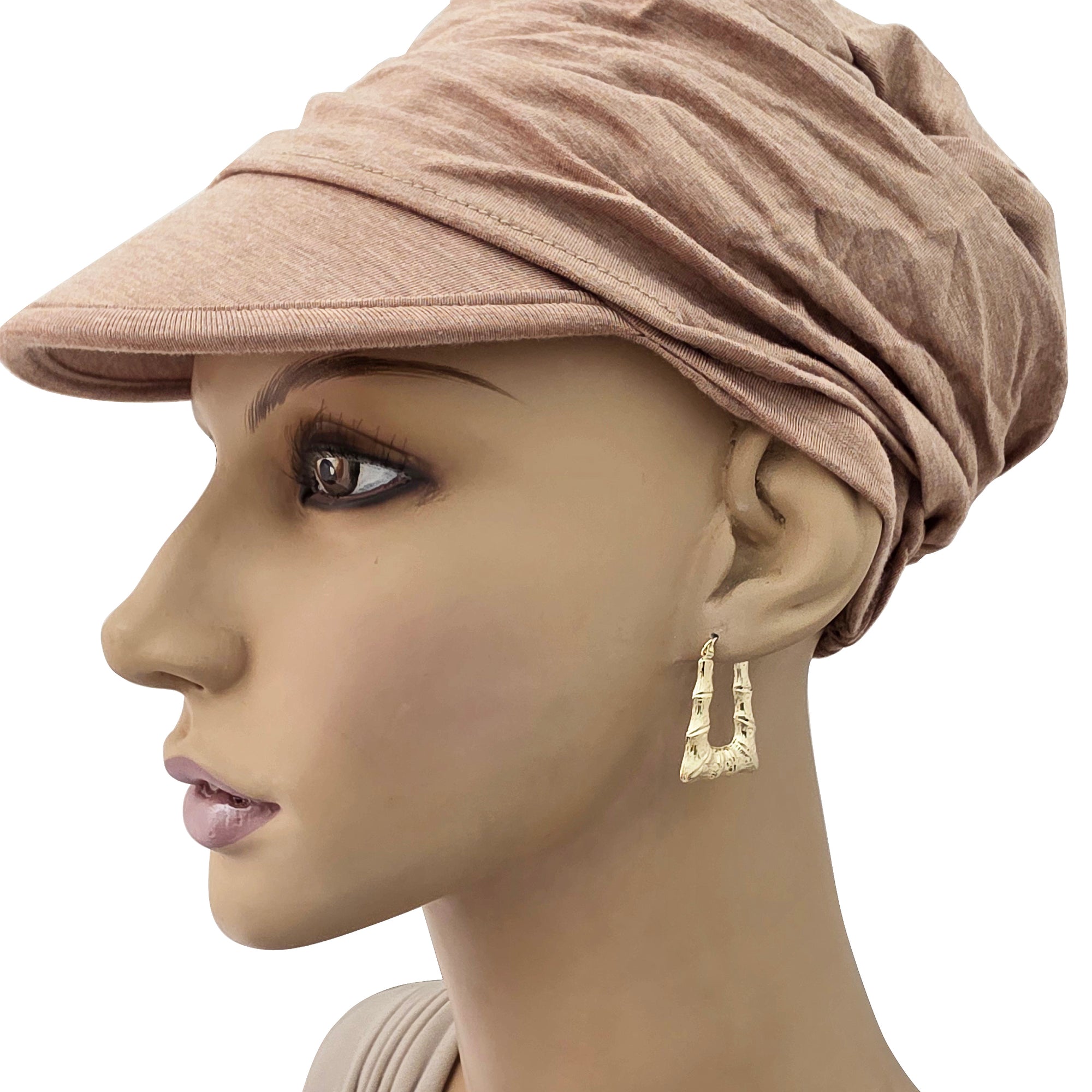 10K real yellow gold 1-inch rectangular bamboo doorknocker hoop earrings on mannequin.