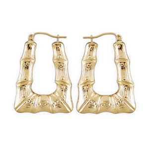 10K real yellow gold 1-inch rectangular bamboo doorknocker hoop earrings with clip closure