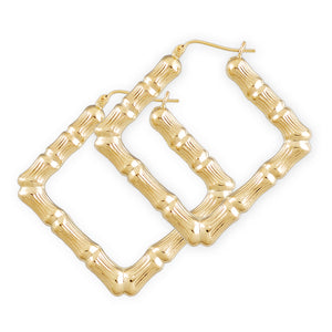 10K solid gold square bamboo door knocker hoop earrings 2 inch wide front view