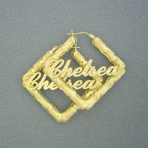 10k solid yellow gold 2-inch square door knocker bamboo hoop earrings with custom cursive nameplate and diamond cuts