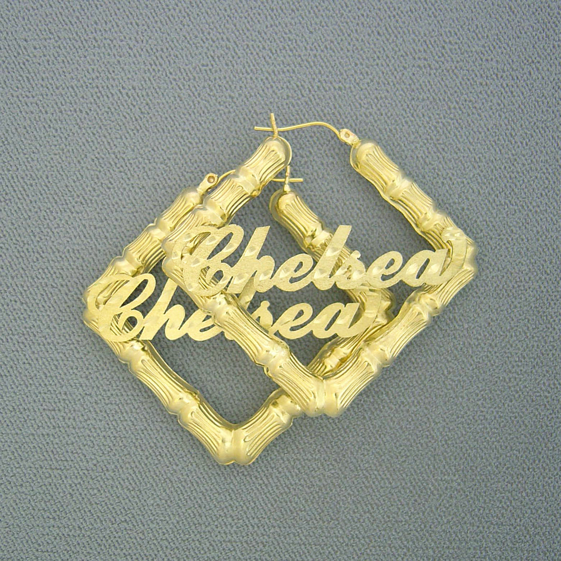 10k solid yellow gold 2-inch square door knocker bamboo hoop earrings with custom cursive nameplate and diamond cuts