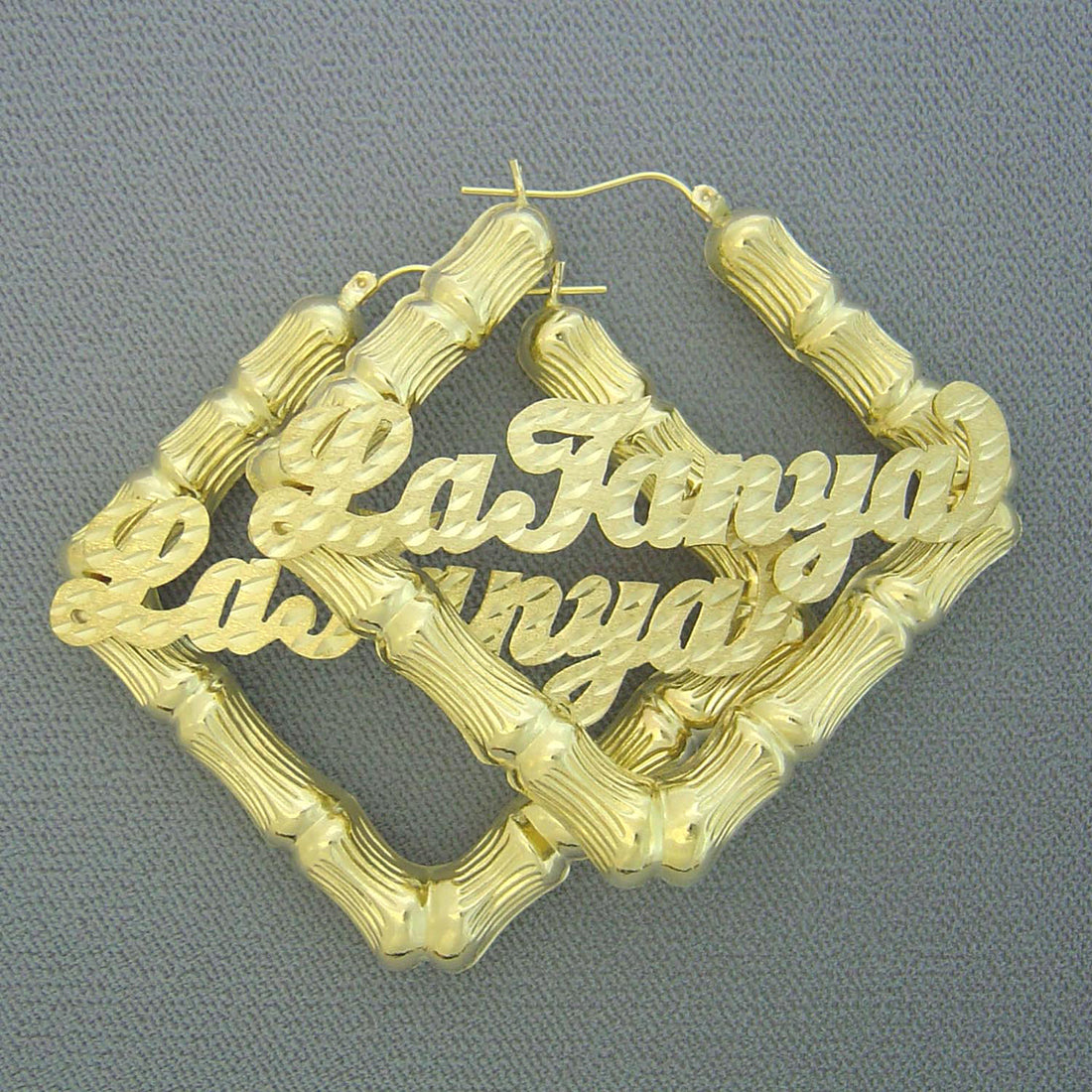 Personalized 10K real gold square door knocker bamboo nameplate hoop earrings 2.5 inches wide