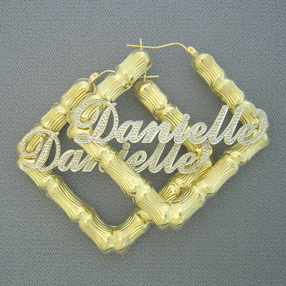 Personalized 10K real gold square door knocker bamboo hoop earrings with iced out custom cursive nameplate